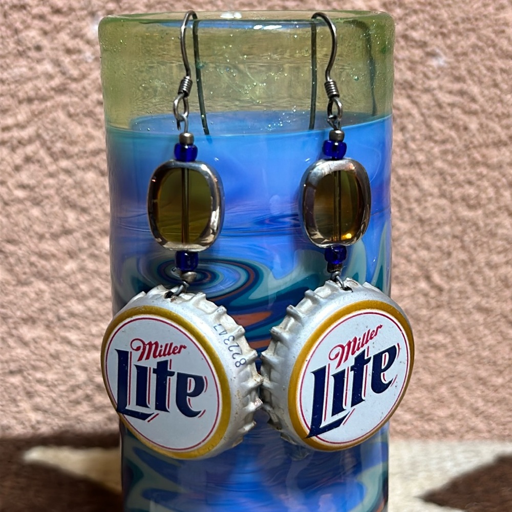 Miller Lite Bottle Cap Earrings “BeerRings” OS Party Fashion Happy Hour Bar Tab